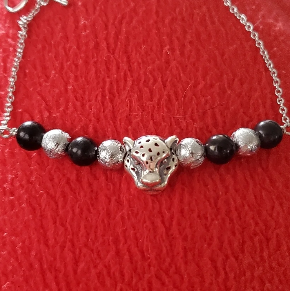 Shungite Leopard Head Sterling Silver Bracelet
